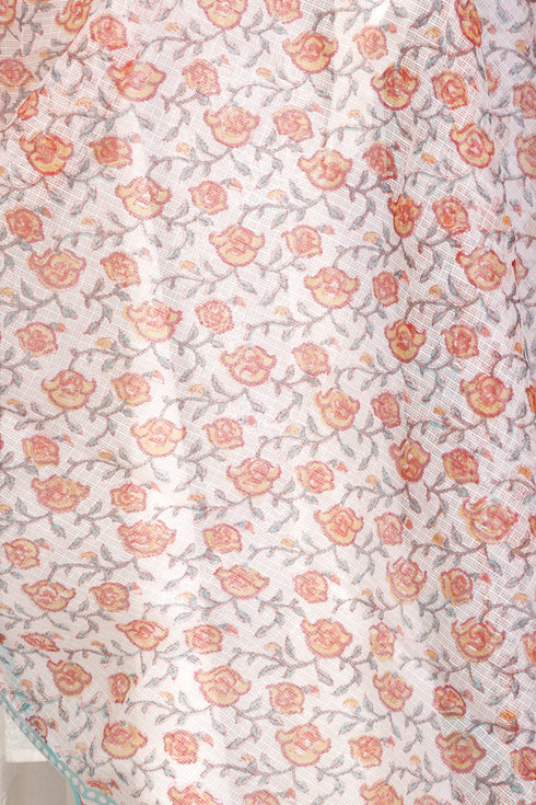 Kota Doria Dupatta With Floral Block Print